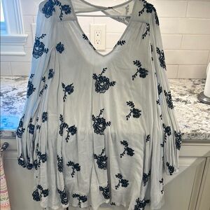 Light teal Blouse with Navy Floral Embroidery